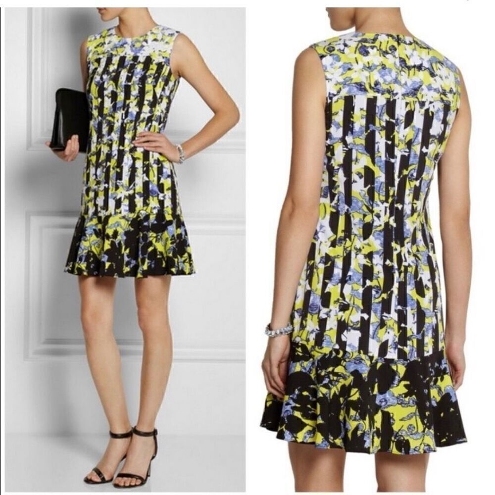 Peter Pilotto Blue Ruffly Hem Sleeveless Abstract Floral Banded Dress drop waist